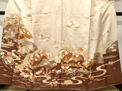 平和屋着物■訪問着 作家物 駒刺繍 松竹梅扇面花文 暈し染め 金彩 正絹 逸品 CABJ3532ev