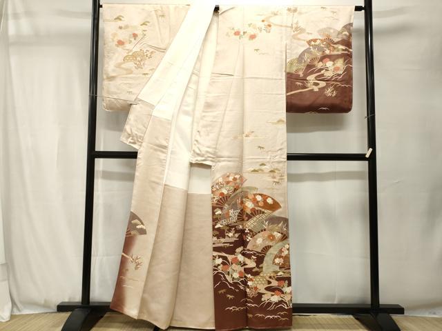 平和屋着物■訪問着 作家物 駒刺繍 松竹梅扇面花文 暈し染め 金彩 正絹 逸品 CABJ3532ev