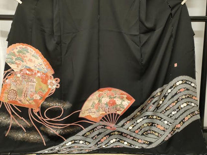 平和屋着物■豪華黒留袖　仮絵羽　作家物　駒刺繍　檜扇御所車文　金彩　正絹　逸品　未使用　CABJ3534ev