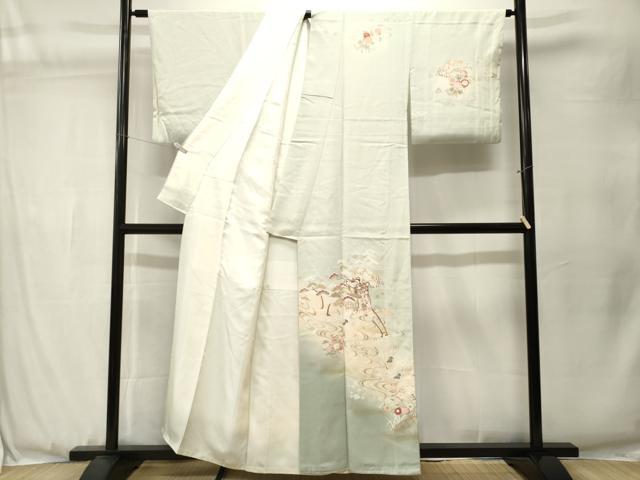 平和屋着物■訪問着　駒刺繍　御所車飛鶴流水花文　暈し染め　金彩　正絹　逸品　CABJ3538ev