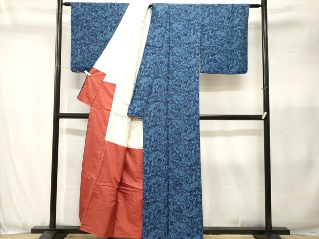 平和屋着物■上質な小紋　藍　型染め　草花文　正絹　逸品　CABJ3583ev