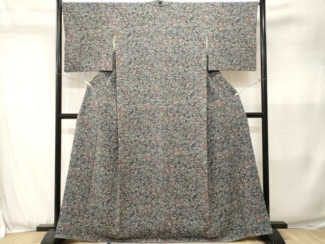 平和屋着物■上質な小紋　流水草花文　鬼しぼ縮緬　正絹　逸品　CABJ3584ev