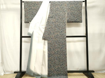 平和屋着物■上質な小紋　流水草花文　鬼しぼ縮緬　正絹　逸品　CABJ3584ev