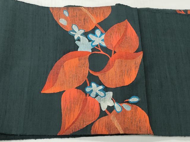平和屋着物◎太鼓柄袋帯　紬地　すくい織　草花文　正絹　逸品　CABJ3605qe