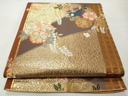 平和屋着物◎両面　全通柄袋帯　唐織　糸巻花文　金糸　正絹　逸品　CABJ3606qe