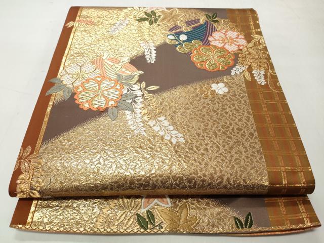 平和屋着物◎両面　全通柄袋帯　唐織　糸巻花文　金糸　正絹　逸品　CABJ3606qe