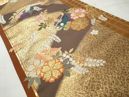 平和屋着物◎両面　全通柄袋帯　唐織　糸巻花文　金糸　正絹　逸品　CABJ3606qe
