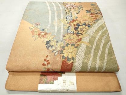 平和屋着物◎「美しいキモノ」お馴染みのメーカー　となみ織物　六通柄袋帯　春日織　草花文　金糸　証紙付き　正絹　逸品　CABJ3609qe