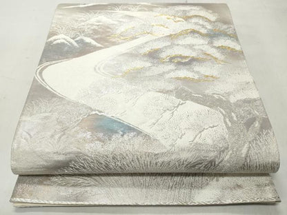 平和屋着物◎六通柄袋帯　流水枝松文　錦引箔　金銀糸　正絹　逸品　CABJ3612qe