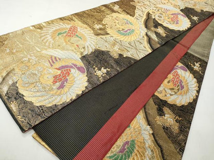 平和屋着物◎六通柄袋帯　飛鶴花文　金糸　正絹　逸品　CABJ3631qe