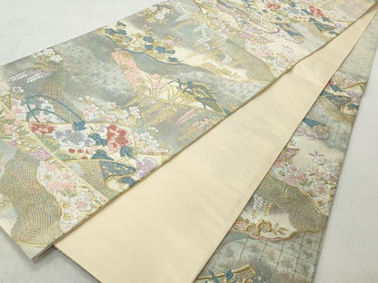 平和屋着物◎六通柄袋帯　絵巻草花文　金銀糸　正絹　逸品　CABJ3636qe