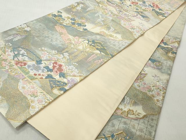 平和屋着物◎六通柄袋帯　絵巻草花文　金銀糸　正絹　逸品　CABJ3636qe