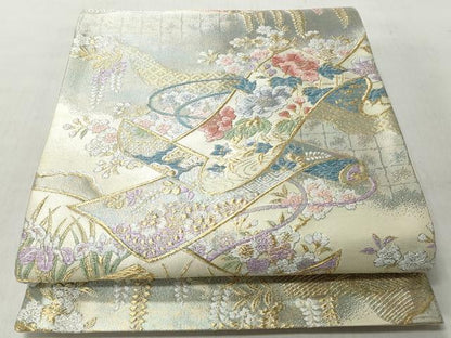 平和屋着物◎六通柄袋帯　絵巻草花文　金銀糸　正絹　逸品　CABJ3636qe