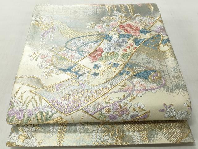 平和屋着物◎六通柄袋帯　絵巻草花文　金銀糸　正絹　逸品　CABJ3636qe