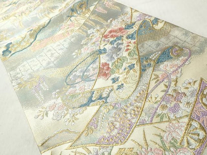 平和屋着物◎六通柄袋帯　絵巻草花文　金銀糸　正絹　逸品　CABJ3636qe