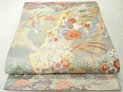 平和屋着物◎六通柄袋帯　唐織　扇面鳳凰枝松花文　金糸　正絹　逸品　CABJ3646qe