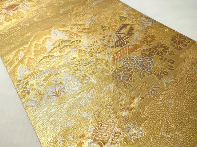 平和屋着物◎両面　六通柄袋帯　遠山風景文　金銀糸　正絹　逸品　CABJ3647qe
