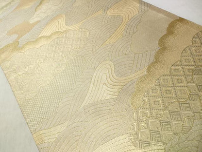 平和屋着物◎両面　六通柄袋帯　遠山風景文　金銀糸　正絹　逸品　CABJ3647qe
