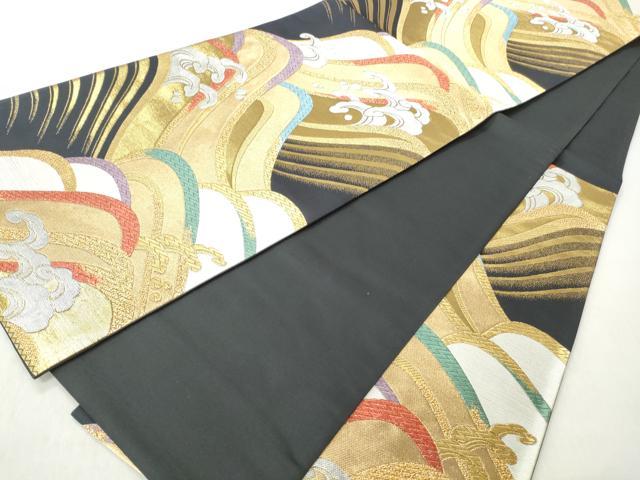 平和屋着物◎六通柄袋帯　立波文　黒地　金銀糸　正絹　逸品　CABJ3649qe