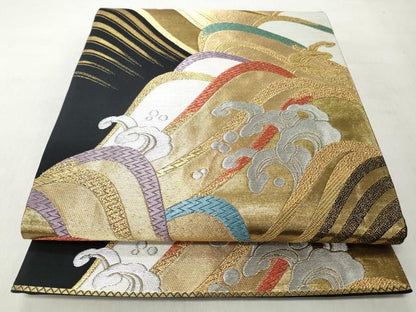 平和屋着物◎六通柄袋帯　立波文　黒地　金銀糸　正絹　逸品　CABJ3649qe