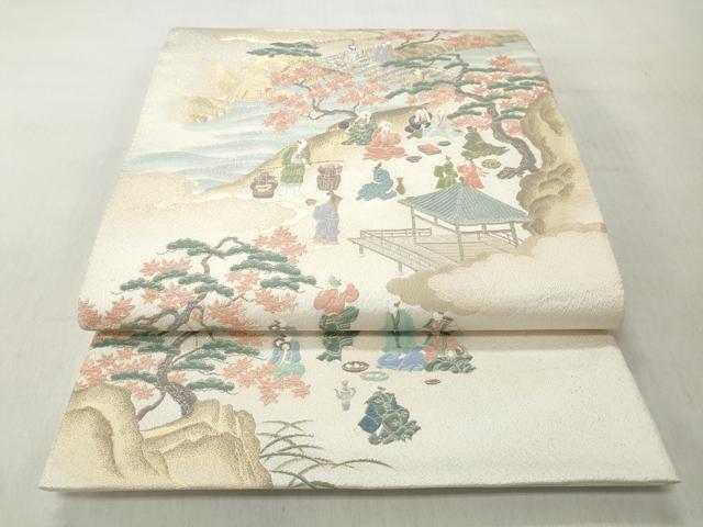 平和屋着物◎太鼓柄袋帯　寿光織　人物風景文　金銀糸　正絹　逸品　CABJ3655qe