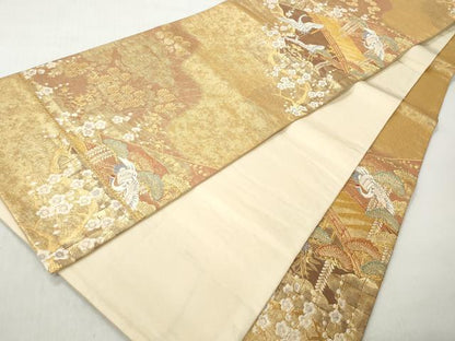 平和屋着物◎六通柄袋帯　唐織　飛鶴草花文　金糸　正絹　逸品　CABJ3657qe