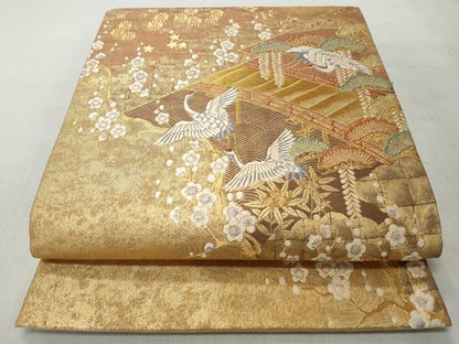 平和屋着物◎六通柄袋帯　唐織　飛鶴草花文　金糸　正絹　逸品　CABJ3657qe