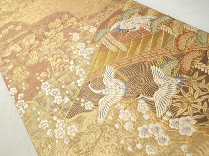 平和屋着物◎六通柄袋帯　唐織　飛鶴草花文　金糸　正絹　逸品　CABJ3657qe