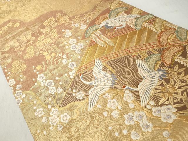 平和屋着物◎六通柄袋帯　唐織　飛鶴草花文　金糸　正絹　逸品　CABJ3657qe
