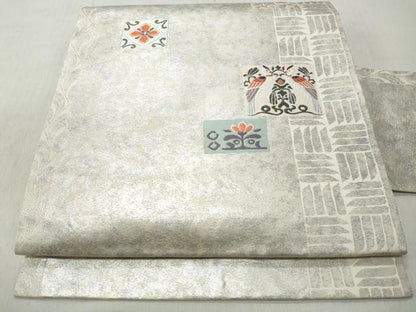 平和屋着物◎九寸名古屋帯　唐織　慶長錦　向かい鳥草花文　引箔　正絹　逸品　CABJ3660qe