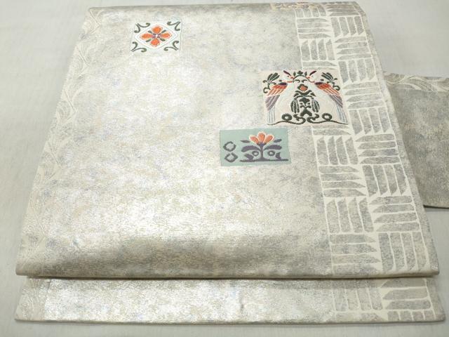 平和屋着物◎九寸名古屋帯　唐織　慶長錦　向かい鳥草花文　引箔　正絹　逸品　CABJ3660qe
