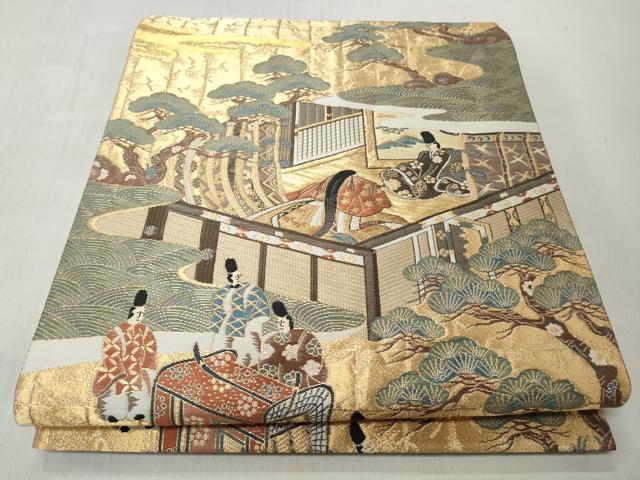 平和屋着物◎六通柄袋帯　人物風景文　金糸　正絹　逸品　CABJ3666qe