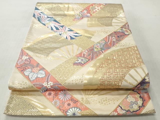 平和屋着物◎六通柄袋帯　唐織　地紋詰扇面文　金糸　正絹　逸品　CABJ3673qe