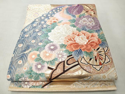 平和屋着物◎六通柄袋帯　唐織　孔雀花車文　金銀糸　正絹　逸品　CABJ3678qe