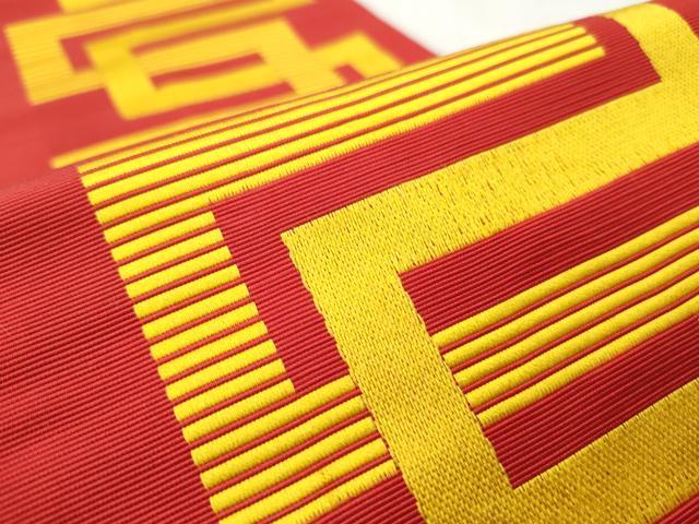平和屋着物◎本場筑前博多織　半幅帯　幾何学文　証紙付き　正絹　逸品　CABJ3692qe