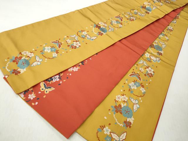 平和屋着物◎両面　六寸帯　雪輪花蝶文　正絹　逸品　CABJ3693qe