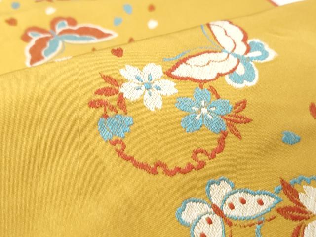 平和屋着物◎両面　六寸帯　雪輪花蝶文　正絹　逸品　CABJ3693qe