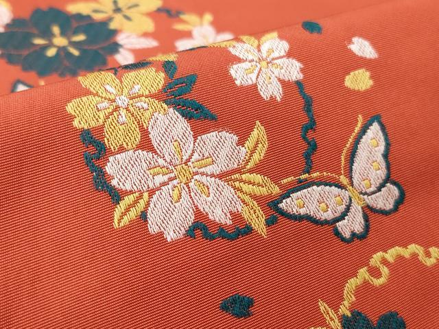 平和屋着物◎両面　六寸帯　雪輪花蝶文　正絹　逸品　CABJ3693qe