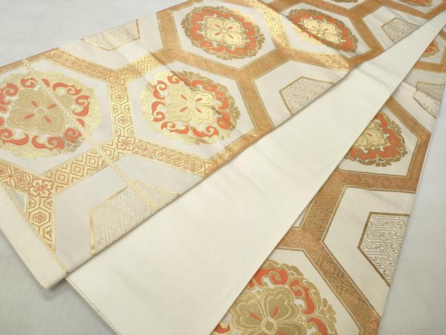 平和屋着物◎全通柄袋帯　亀甲吉祥花文　金糸　正絹　逸品　CABJ3706qe