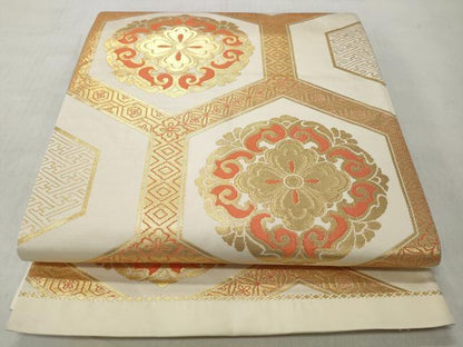 平和屋着物◎全通柄袋帯　亀甲吉祥花文　金糸　正絹　逸品　CABJ3706qe