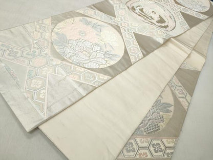 平和屋着物◎六通柄袋帯　唐織　天井鳳凰椿文　銀糸　正絹　逸品　CABJ3710qe