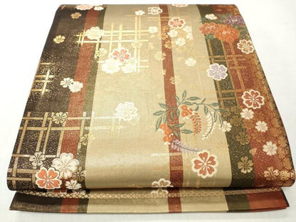 平和屋着物◎六通柄袋帯　唐織　草花文　金糸　正絹　逸品　CABJ3717qe