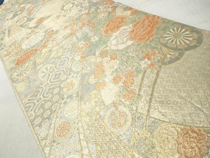 平和屋着物◎佐賀錦　六通柄袋帯　束ね熨斗花車文　金糸　正絹　逸品　CABJ3718qe