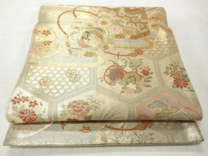 平和屋着物◎佐賀錦　六通柄袋帯　エ霞貝桶花文　金糸　正絹　逸品　CABJ3720qe