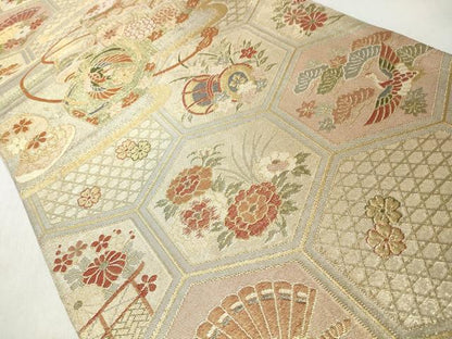 平和屋着物◎佐賀錦　六通柄袋帯　エ霞貝桶花文　金糸　正絹　逸品　CABJ3720qe