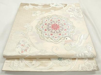 平和屋着物◎六通柄袋帯　唐織　正倉院花鳥文　銀糸　正絹　逸品　CABJ3729qe