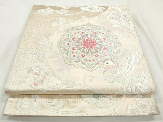 平和屋着物◎六通柄袋帯　唐織　正倉院花鳥文　銀糸　正絹　逸品　CABJ3729qe