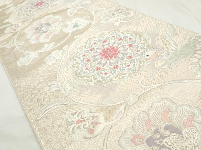 平和屋着物◎六通柄袋帯　唐織　正倉院花鳥文　銀糸　正絹　逸品　CABJ3729qe