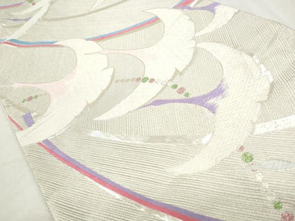平和屋着物◎六通柄袋帯　唐織　飛鶴文　銀糸　正絹　逸品　CABJ3733qe