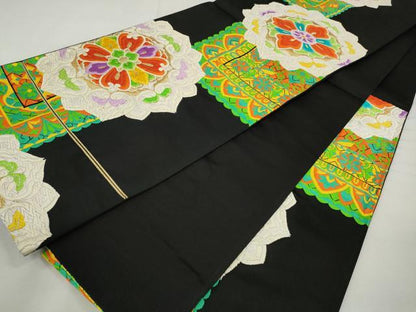 平和屋着物◎六通柄袋帯　唐織　正倉院花文　黒地　金糸　正絹　逸品　CABJ3734qe